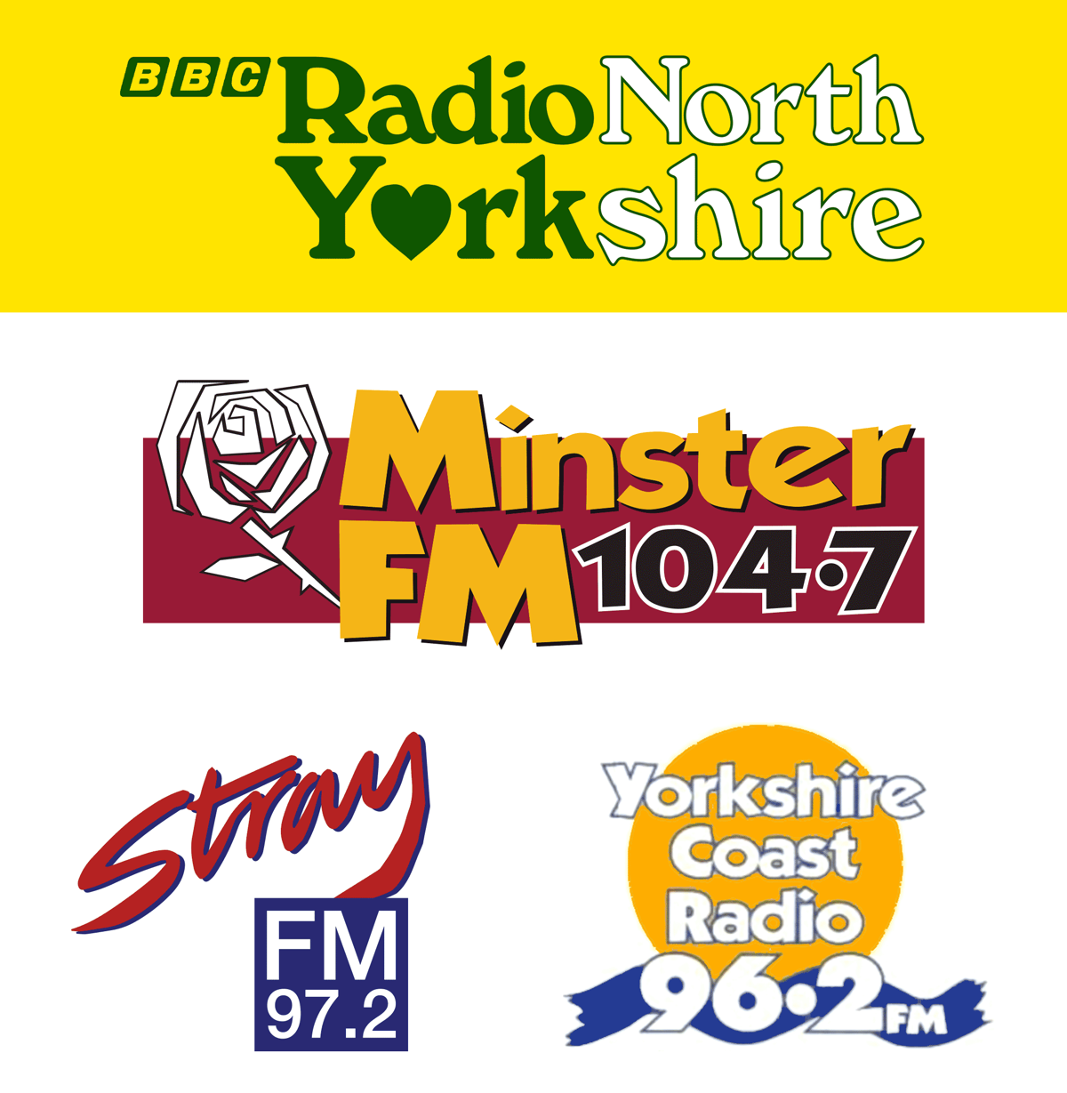 Old logos for BBC Radio York, Minster FM, Yorkshire Coast Radio and Stray FM