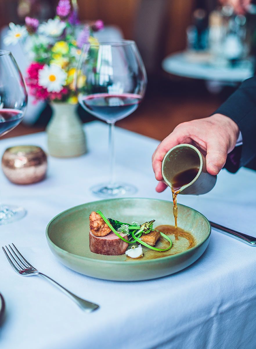 Main course with wine at Hudsons Restaurant at The Grand Hotel York