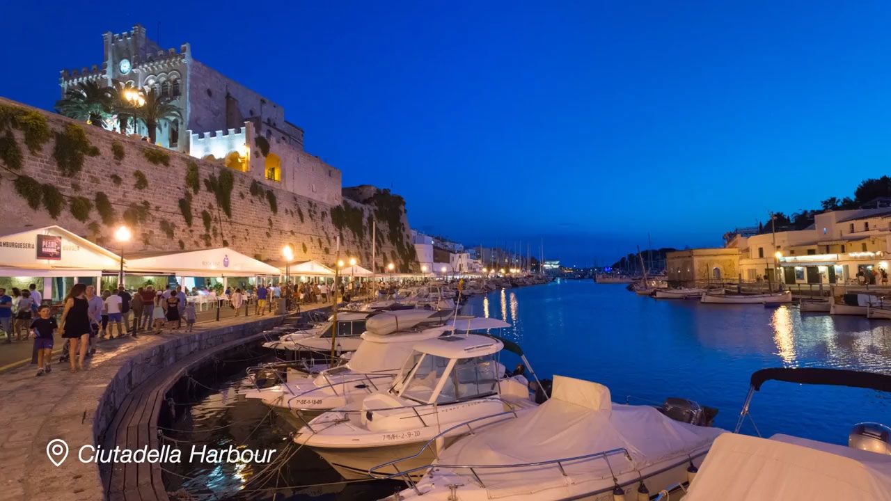 Cuitadella Harbour in Menorca in the evening